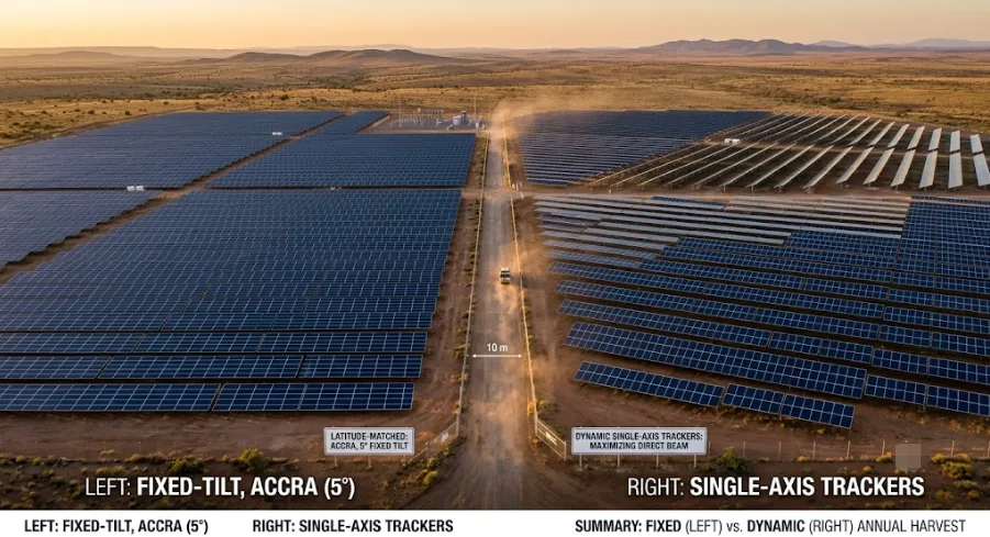 SunLith Energy Side-by-side comparison of a fixed tilt angle solar panel array (left) and a single-axis solar tracker field (right) showing annual yield difference