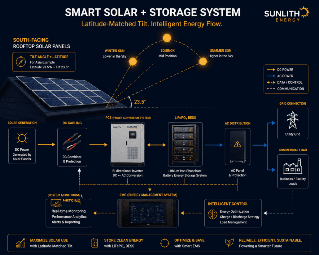 Solar Panel Tilt Angle and BESS System Integration Diagram - SunLith Energy SunLith Energy System diagram showing correctly tilted and south-facing solar panels feeding a Battery Energy Storage System (BESS) through a PCS with grid and load connections