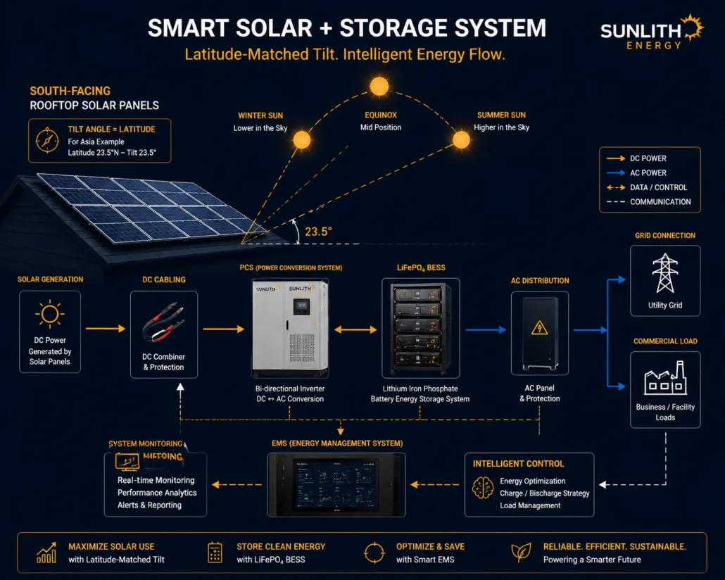 SunLith Energy System diagram showing correctly tilted and south-facing solar panels feeding a Battery Energy Storage System (BESS) through a PCS with grid and load connections
