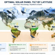 SunLith Energy World map showing optimal solar panel tilt angle and facing direction by latitude zone — from equatorial to polar regions