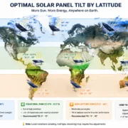SunLith Energy World map showing optimal solar panel tilt angle and facing direction by latitude zone — from equatorial to polar regions