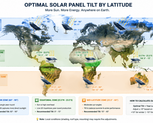 SunLith Energy World map showing optimal solar panel tilt angle and facing direction by latitude zone — from equatorial to polar regions