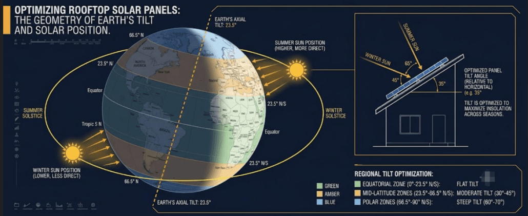 Solar Declination Diagram — Earth Axis Tilt and Panel Orientation - SunLith Energy SunLith Energy Diagram showing Earth's 23.5-degree axial tilt, the Sun's apparent arc at different seasons, and how solar panel tilt angle relates to latitude for maximum irradiance
