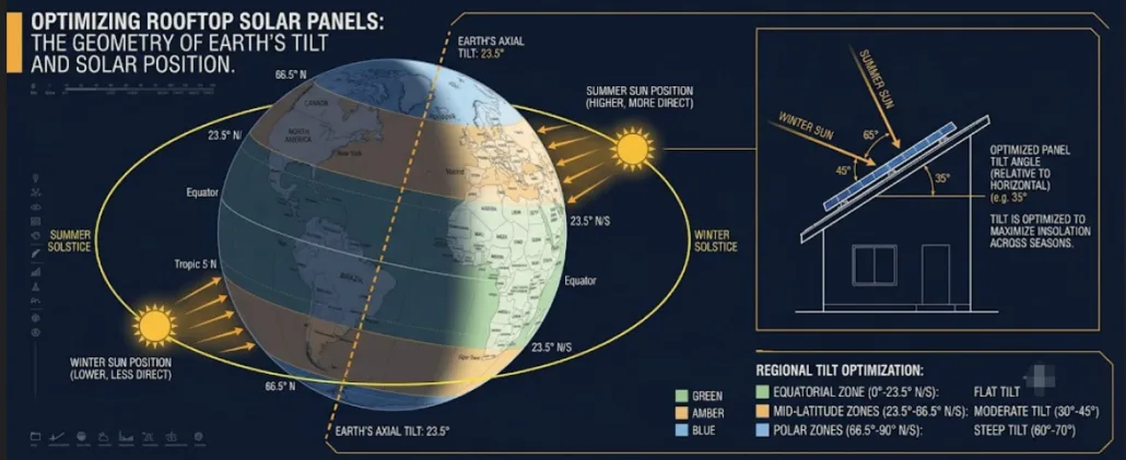 SunLith Energy Diagram showing Earth's 23.5-degree axial tilt, the Sun's apparent arc at different seasons, and how solar panel tilt angle relates to latitude for maximum irradiance