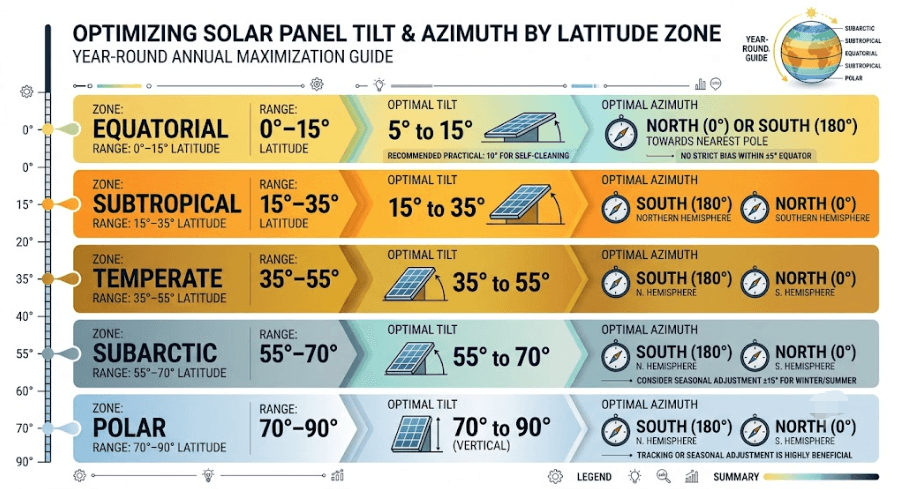 Solar Panel Tilt Angle by Latitude Zone — Equatorial to Polar Infographic - SunLith Energy SunLith Energy Infographic showing five latitude zones from equatorial to polar, with recommended solar panel tilt angle and facing direction for each zone