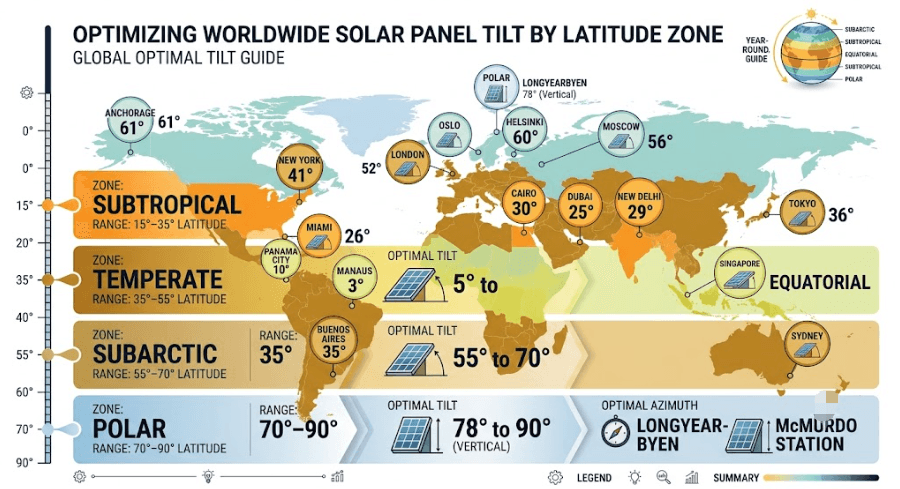 Solar Panel Tilt Angle World Cities Database Map - SunLith Energy SunLith Energy World map with city markers showing the recommended solar panel tilt angle for major cities across all continents