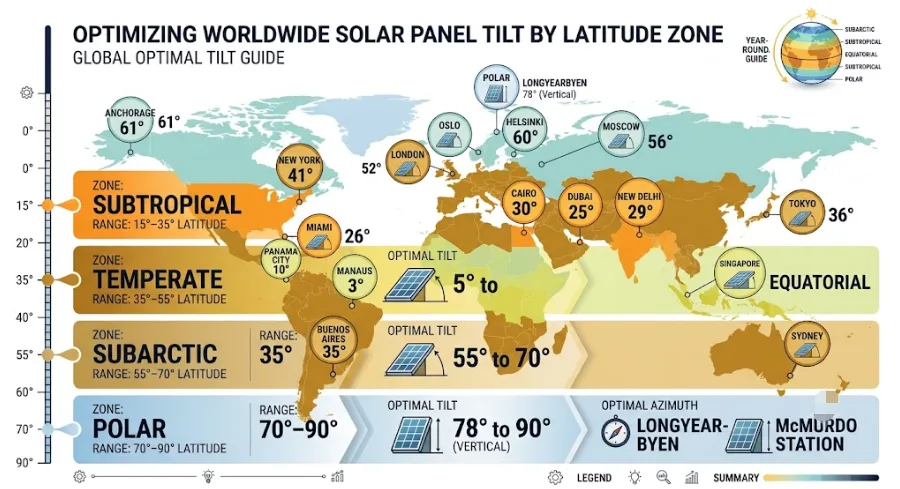 SunLith Energy World map with city markers showing the recommended solar panel tilt angle for major cities across all continents