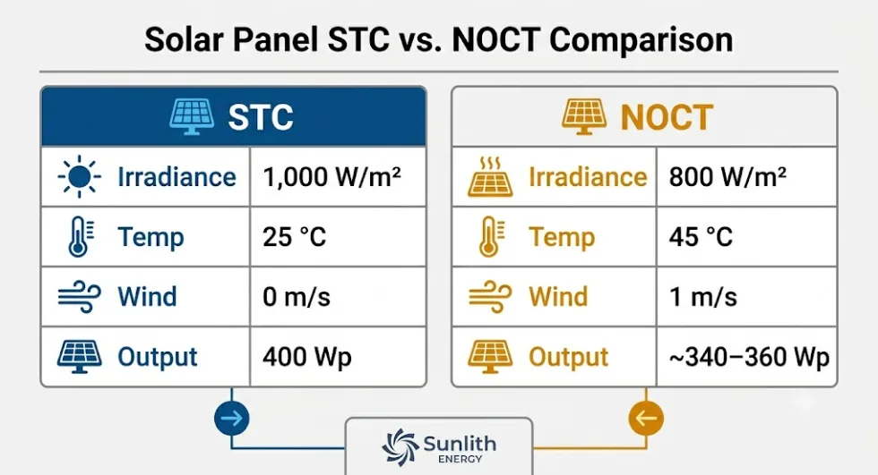 Two-column comparison table showing STC versus NOCT solar panel test conditions with irradiance temperature and wind speed values