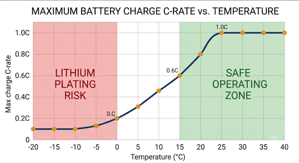 Line graph showing LFP charge C-rate derating from 1C at 25°C declining to disabled below -10°C
