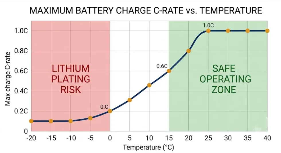 Temperature vs Charge C-Rate Derating Curve - SunLith Energy SunLith Energy Line graph showing LFP charge C-rate derating from 1C at 25°C declining to disabled below -10°C