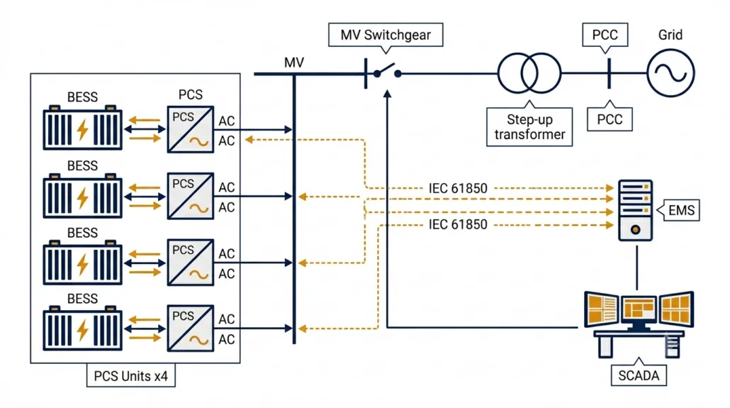 Utility scale BESS PCS architecture diagram showing multiple parallel power conversion system units connected to MV switchgear, step-up transformer, grid point of common coupling, EMS server, and SCADA monitoring for fast frequency response and ancillary services
