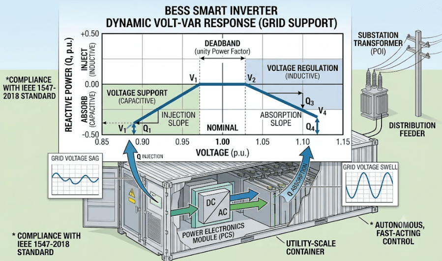 Volt-VAR Control in Battery Storage Systems - SunLith Energy SunLith Energy Volt VAR control curve used by battery energy storage systems for voltage regulation