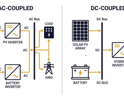 SunLith Energy Side-by-side diagram comparing AC-coupled and DC-coupled BESS architectures