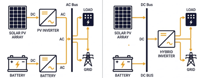 Side-by-side diagram comparing AC-coupled and DC-coupled BESS architectures