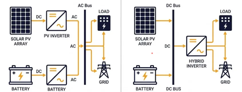 Side-by-side diagram comparing AC-coupled and DC-coupled BESS architectures