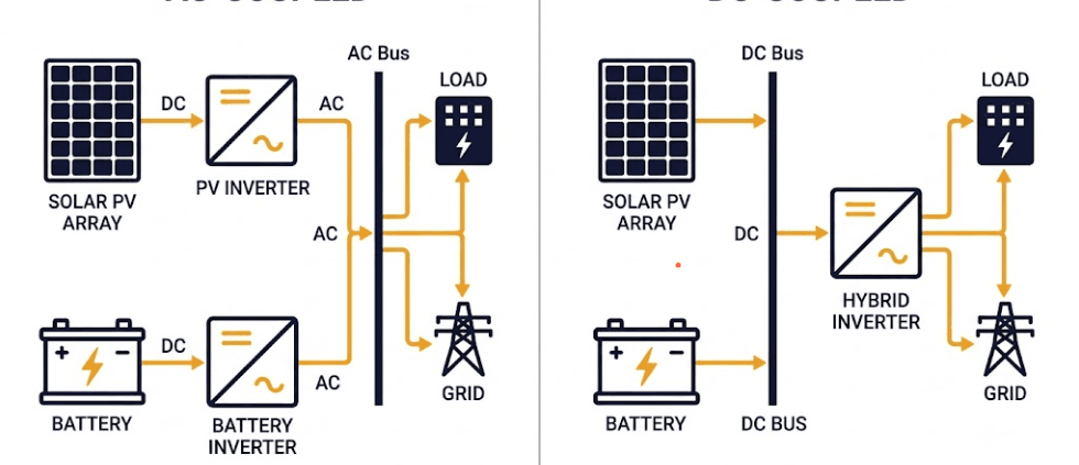 ac-coupled-vs-dc-coupled-bess-comparison - SunLith Energy SunLith Energy Side-by-side diagram comparing AC-coupled and DC-coupled BESS architectures