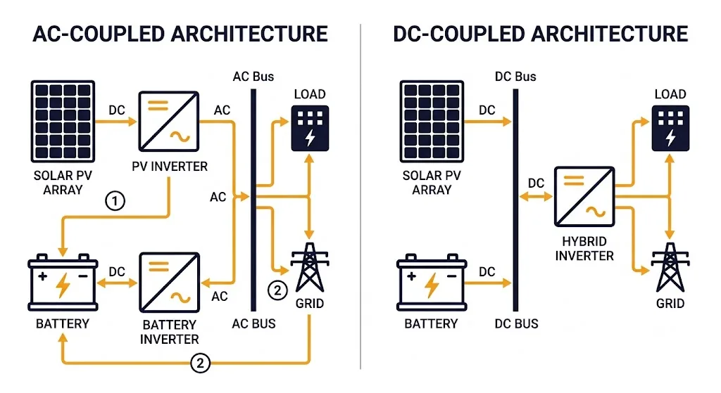 A side-by-side infographic comparing AC-coupled vs DC-coupled battery energy storage systems, illustrating different power flow paths and inverter requirements for each architecture.