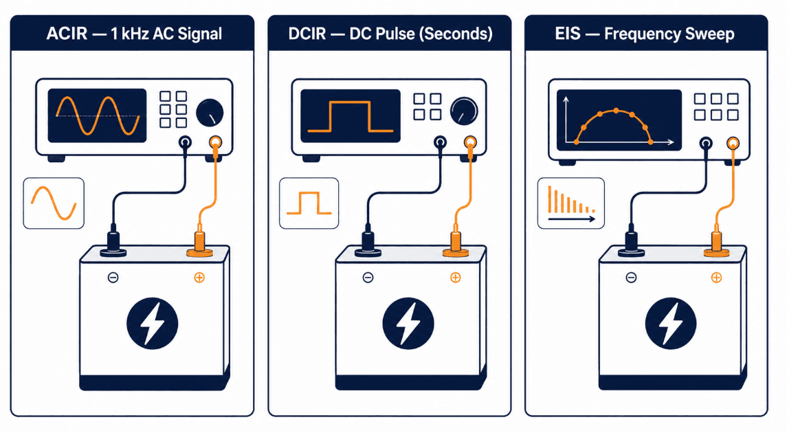 Comparison chart of ACIR, DCIR, and EIS methods for measuring cell internal resistance