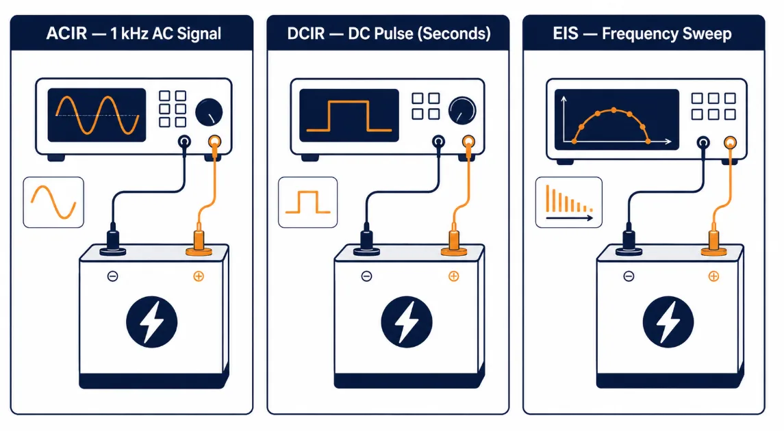 ACIR vs DCIR vs EIS measurement comparison - SunLith Energy SunLith Energy Comparison chart of ACIR, DCIR, and EIS methods for measuring cell internal resistance
