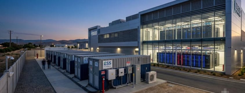 AI data center BESS battery containers beside server halls