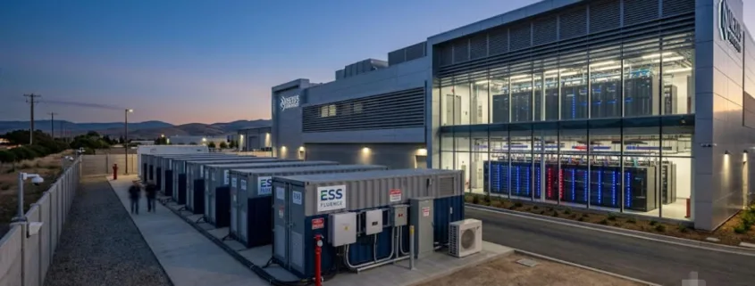 AI data center BESS battery containers beside server halls