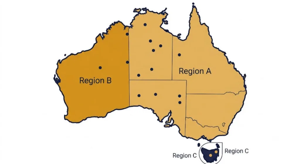  Map of Australia showing Region A, B, and C power quality zones under AS/NZS 4777.2 Amendment 2
