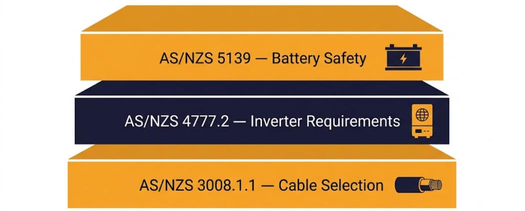 australian battery compliance stack diagram - SunLith Energy SunLith Energy Diagram of the Australian battery compliance stack showing AS/NZS 5139, AS/NZS 4777.2, and AS/NZS 3008.1.1 as stacked layers