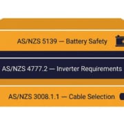 SunLith Energy Diagram of the Australian battery compliance stack showing AS/NZS 5139, AS/NZS 4777.2, and AS/NZS 3008.1.1 as stacked layers