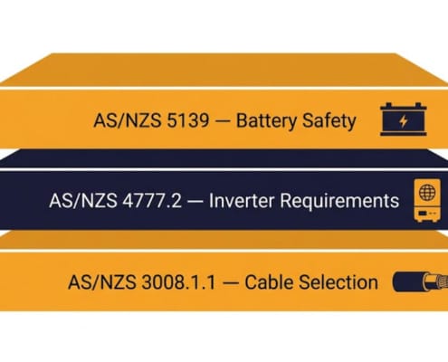SunLith Energy Diagram of the Australian battery compliance stack showing AS/NZS 5139, AS/NZS 4777.2, and AS/NZS 3008.1.1 as stacked layers