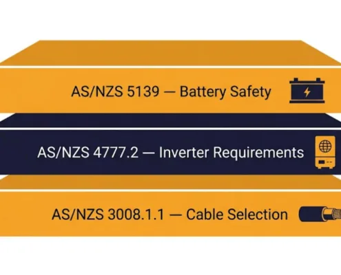 australian battery compliance stack diagram - SunLith Energy SunLith Energy Diagram of the Australian battery compliance stack showing AS/NZS 5139, AS/NZS 4777.2, and AS/NZS 3008.1.1 as stacked layers