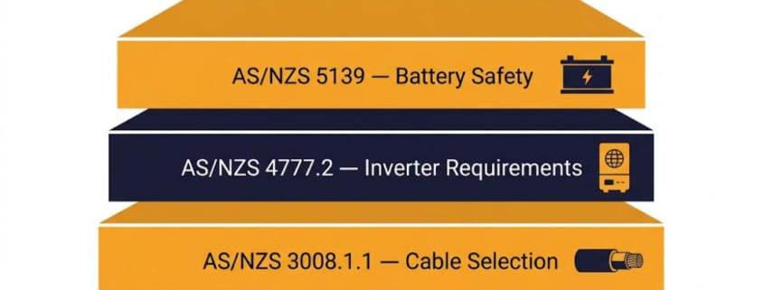 Diagram of the Australian battery compliance stack showing AS/NZS 5139, AS/NZS 4777.2, and AS/NZS 3008.1.1 as stacked layers