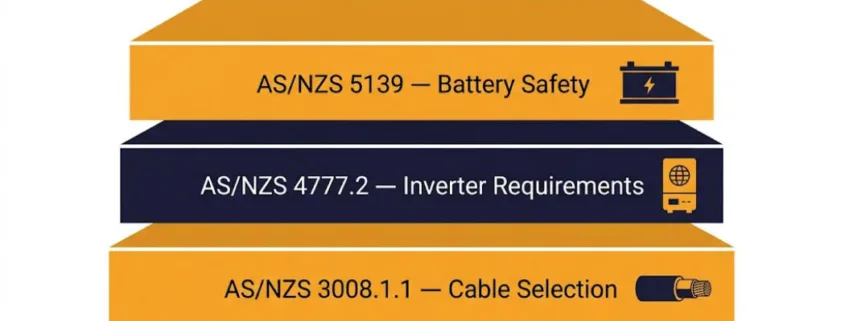 SunLith Energy Diagram of the Australian battery compliance stack showing AS/NZS 5139, AS/NZS 4777.2, and AS/NZS 3008.1.1 as stacked layers