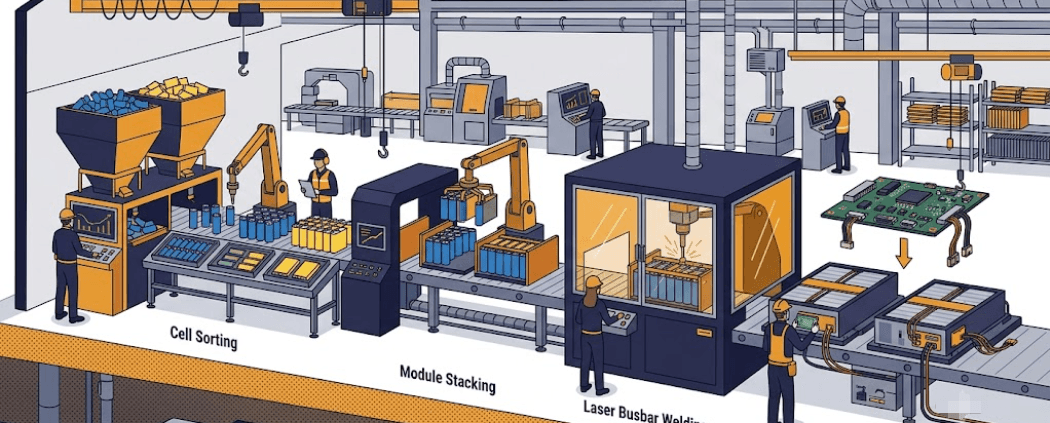 Battery pack assembly process feature image - SunLith Energy SunLith Energy Battery pack assembly process showing cell sorting, module stacking, and busbar welding stages