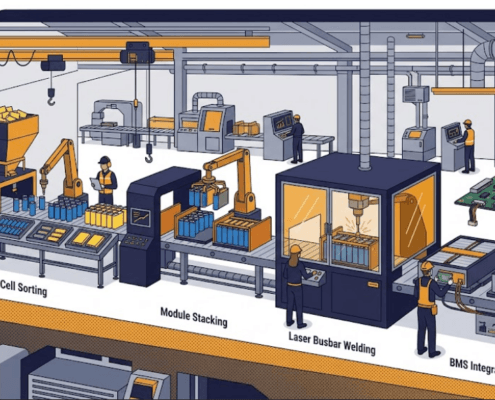 SunLith Energy Battery pack assembly process showing cell sorting, module stacking, and busbar welding stages