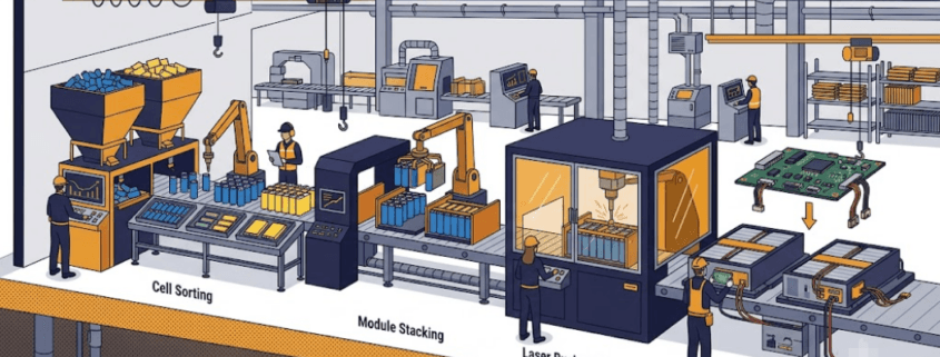 Battery pack assembly process feature image - SunLith Energy SunLith Energy Battery pack assembly process showing cell sorting, module stacking, and busbar welding stages