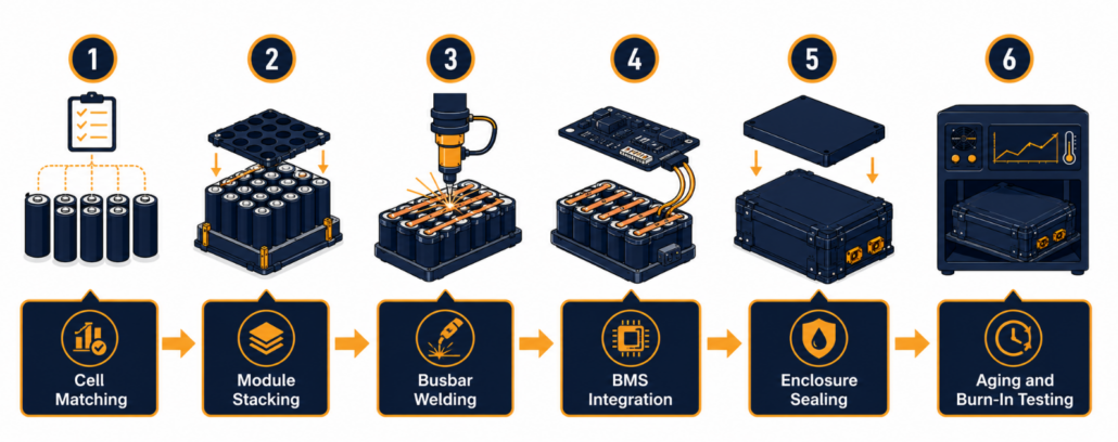Battery pack assembly six stages diagram - SunLith Energy SunLith Energy Six stages of the battery pack assembly process from cell matching to burn-in testing