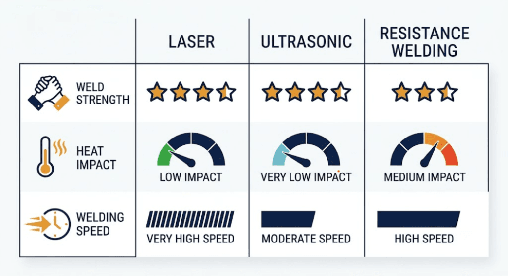 Battery pack busbar welding methods comparison chart - SunLith Energy SunLith Energy Comparison chart of laser, ultrasonic, and resistance welding for battery pack busbars