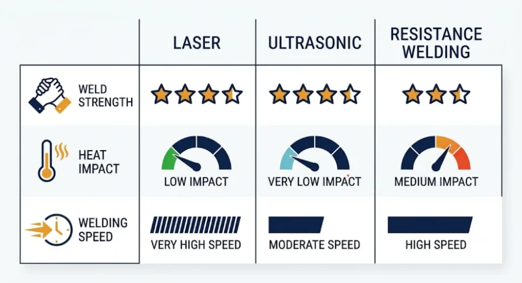 Comparison chart of laser, ultrasonic, and resistance welding for battery pack busbars