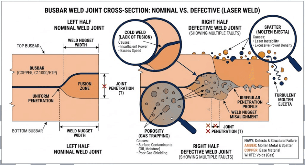 Busbar welding defects illustration - SunLith Energy SunLith Energy Common battery pack busbar welding defects including cold welds and spatter contamination
