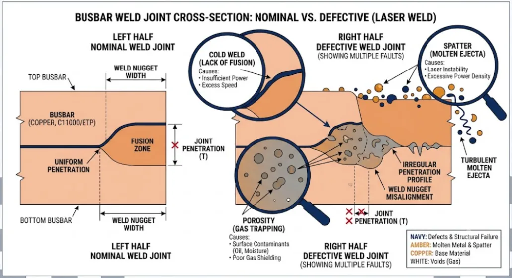 Common battery pack busbar welding defects including cold welds and spatter contamination