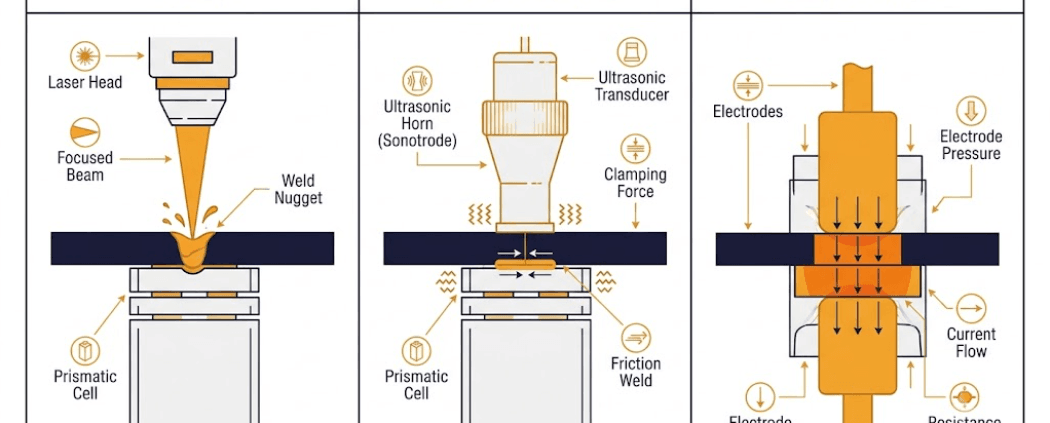 Battery pack busbar welding feature image - SunLith Energy SunLith Energy Battery pack busbar welding comparison showing laser, ultrasonic, and resistance methods