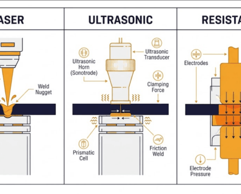 SunLith Energy Battery pack busbar welding comparison showing laser, ultrasonic, and resistance methods