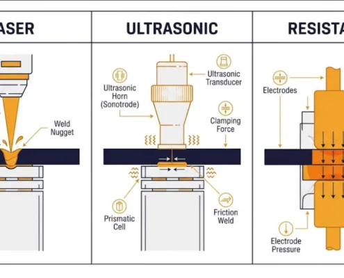 Battery pack busbar welding feature image - SunLith Energy SunLith Energy Battery pack busbar welding comparison showing laser, ultrasonic, and resistance methods