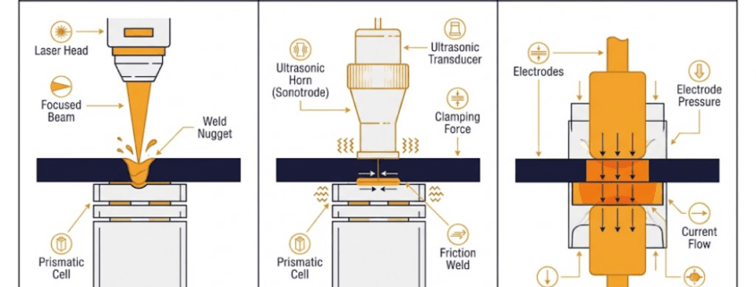Battery pack busbar welding feature image - SunLith Energy SunLith Energy Battery pack busbar welding comparison showing laser, ultrasonic, and resistance methods