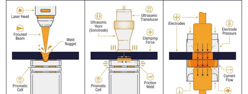Battery pack busbar welding comparison showing laser, ultrasonic, and resistance methods