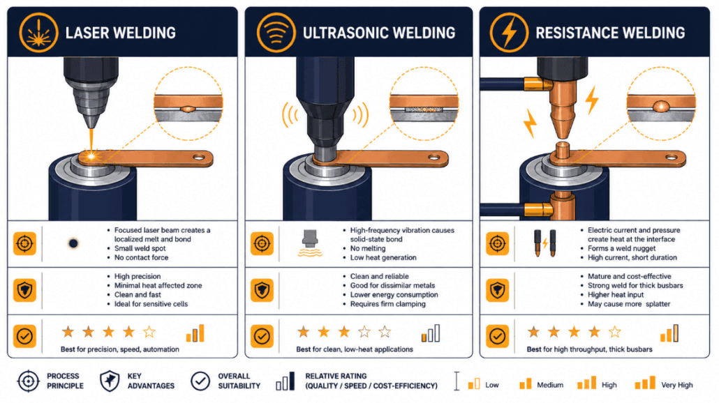 Battery pack busbar welding methods comparison - SunLith Energy SunLith Energy Comparison of laser, ultrasonic, and resistance welding methods for battery pack busbars