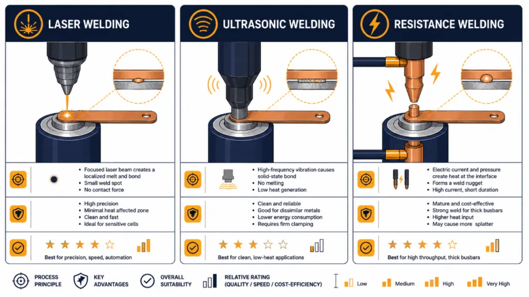 Comparison of laser, ultrasonic, and resistance welding methods for battery pack busbars