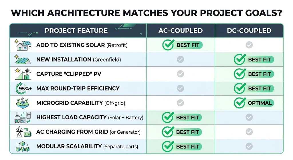 An infographic checklist that allows users to quickly cross-reference their project priorities, such as retrofitting, microgrid capability, or clipping capture, with the ideal BESS architecture (AC or DC).