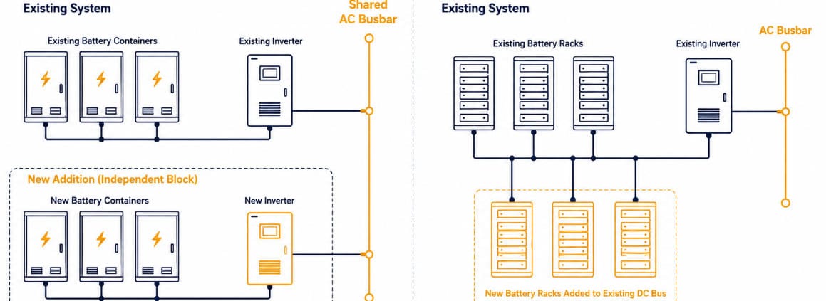 SunLith Energy BESS augmentation diagram comparing AC block addition and DC shuffling