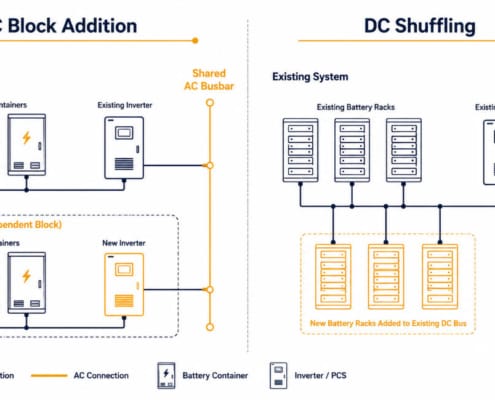 SunLith Energy BESS augmentation diagram comparing AC block addition and DC shuffling